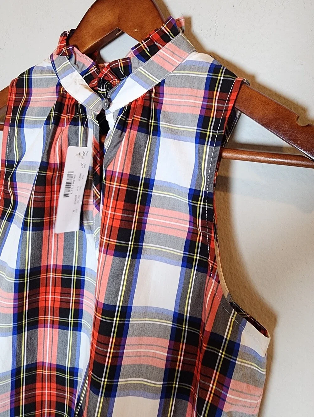 NWT J. Crew Ruffle-Neck Sleeveless Top Red Holiday Tartan Plaid Cotton Poplin 0